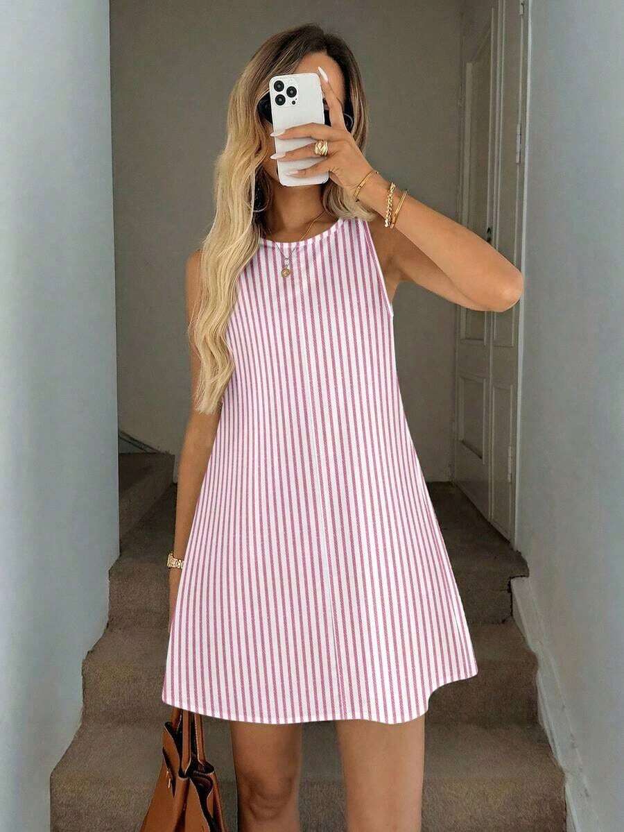 Vestido casual de mujer de línea A sin mangas a rayas con bolsillos acolchados, conjunto elegante de vacaciones, estilo retro lujoso - Multicolor 8 - Ver 1