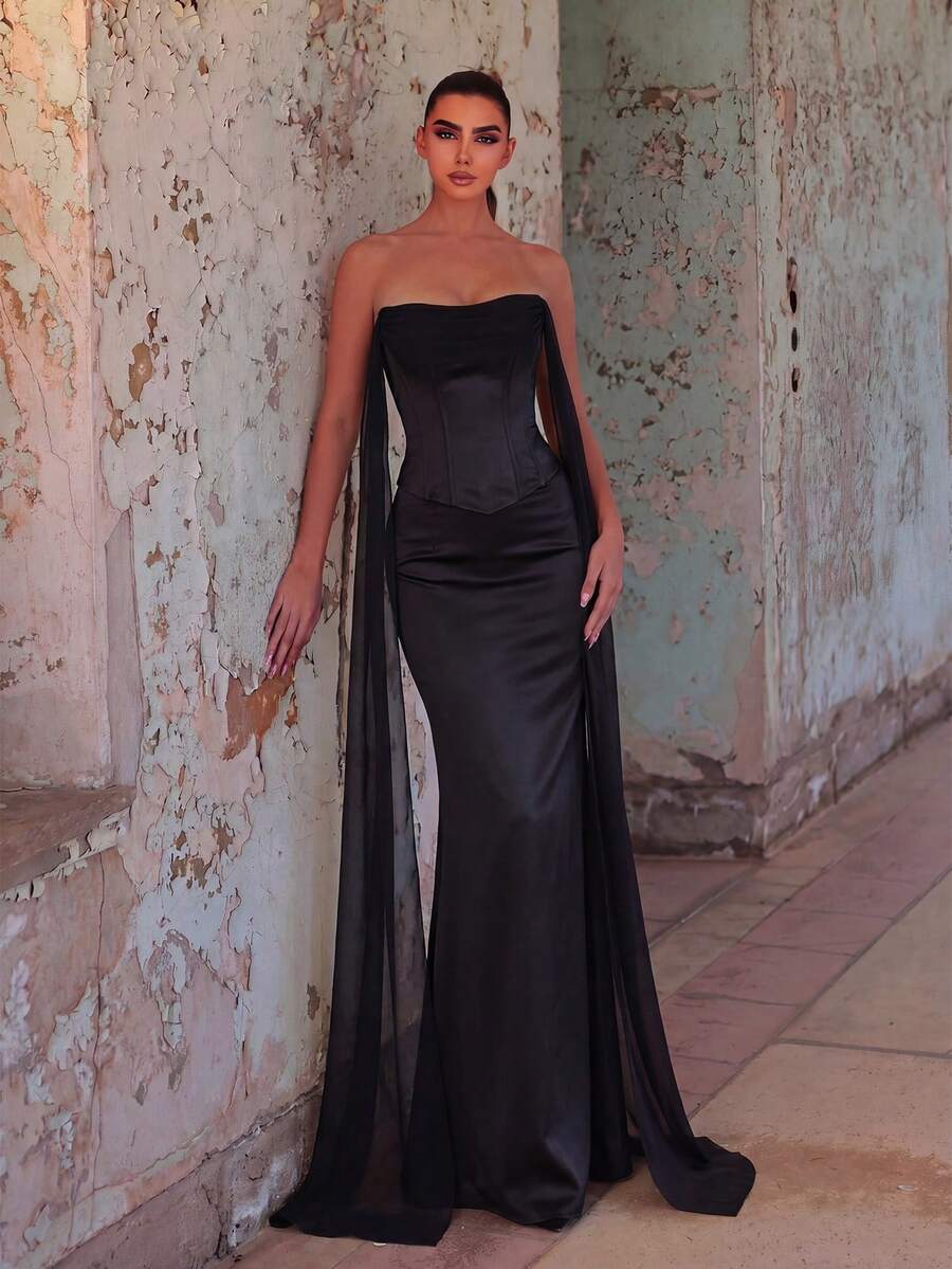 Faeriesty Đầm maxi satin đen thanh lịch dành cho nữ, thiết kế thắt eo và buộc dây phía sau - Thích hợp cho các dịp trang trọng, dạ hội, lễ tốt nghiệp, thảm đỏ, tiệc sinh nhật và đám cưới. - màu đen - Xem 1