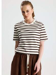 RoseArya Cotton Contrast Ecru Collar Brown Striped T-Shirt - Brown - View 3