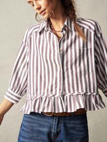 Camisa de rayas tejida para mujer con cuello, manga 3/4 con volantes y corte holgado, ideal para vacaciones - Marrón - Ver 2