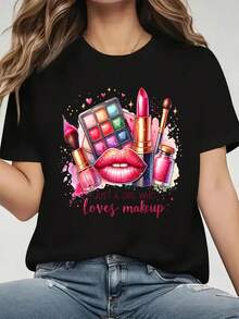 A Printed T-Shirt For Makeup Lovers, With A Casual Round Neck And Short Sleeves, Ideal For Spring And Summer, Comfortable And Breathable, Perfect For All Seasons, Women's Sportswear - 黑色 - 查看 3
