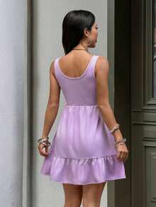 Vestido de punto con diseño de rayas y empalme para mujer, versátil y elegante para uso diario - Morado 2 - Ver 2
