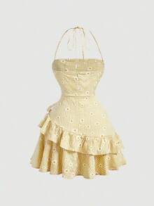 Vestido con estampado floral, cuello halter y bajo asimétrico con adornos - Amarillo 2 - Ver 2