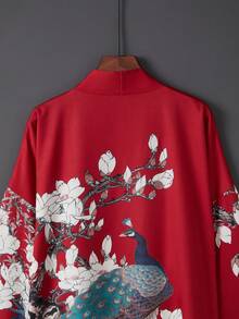 Áo khoác kimono dáng rộng, phong cách retro bohemian, dài ngang gối, in họa tiết chim công, thanh lịch, cá tính, thích hợp mặc ở nhà, thắt eo, mỏng nhẹ cho kỳ nghỉ hè, đi biển hoặc mặc ngoài đồ bơi. - Đỏ - Xem 4