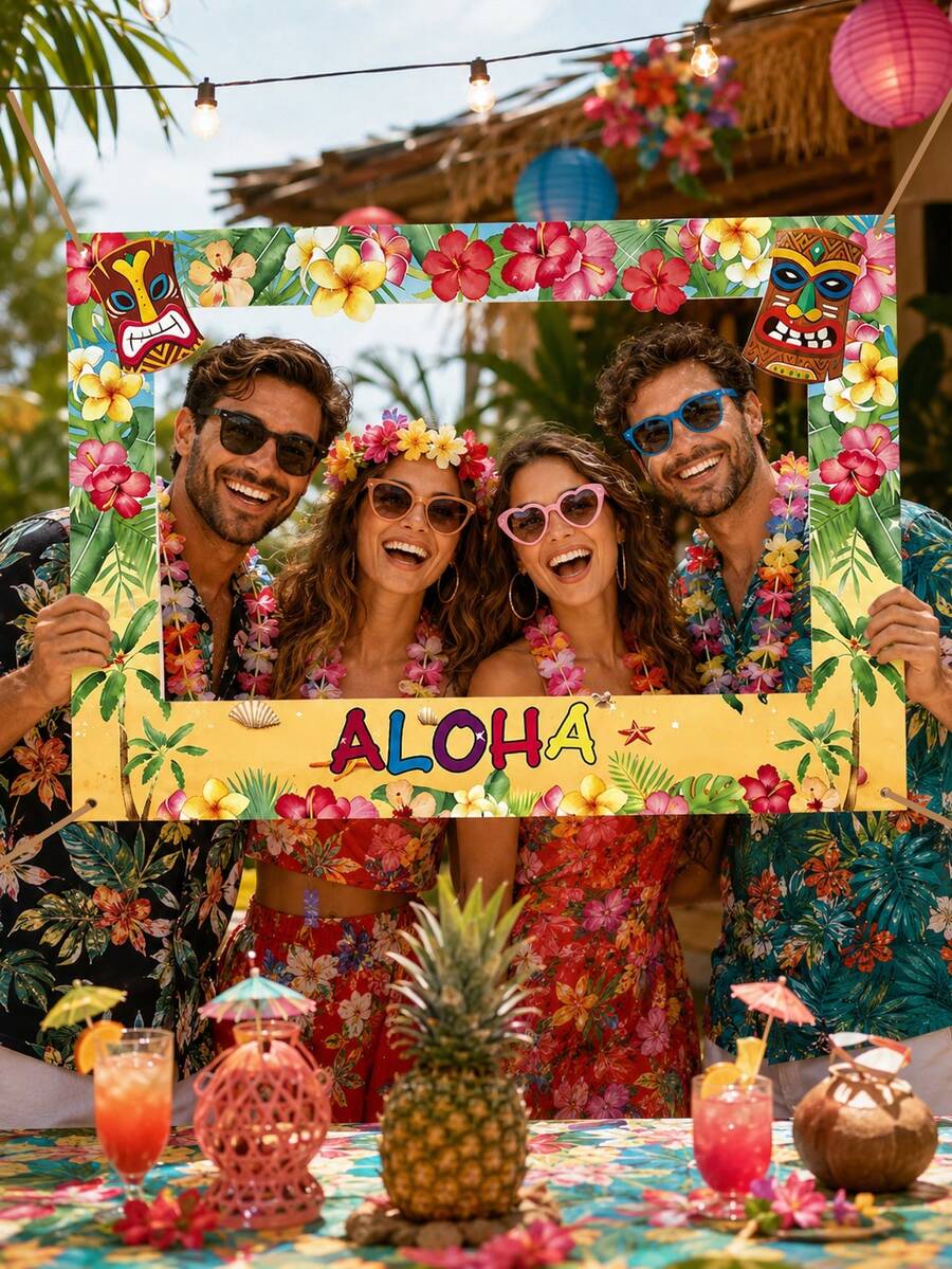 1件裝 180*90cm 大尺寸 Aloha 熱帶風格拍照框,聚酯纖維材質夏威夷 Luau Tiki 拍照道具,夏季泳池海灘派對自拍框背景裝飾 - 夏威夷橫向拍照道具 - 查看 1