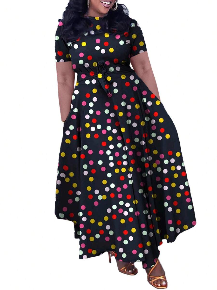 Plus Size Elegant Lace-Up Short Sleeve Flared Dress, New Style 2026 For Women - Titik-titik berwarna - View 1