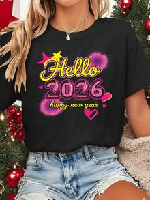Elegant Women's T-Shirt 'Happy New Year 2026' – Casual Graphic Print Short Sleeve Crew Neck In Black, Perfect Festive Choice, Comfortable And Stylish New Year's Gift, Y2k T-Shirt - 白色 - 查看 1
