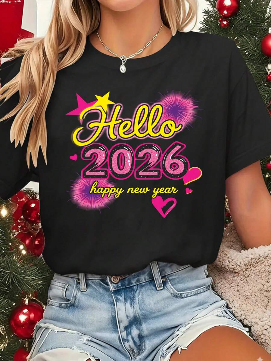 Elegant Women's T-Shirt 'Happy New Year 2026' – Casual Graphic Print Short Sleeve Crew Neck In Black, Perfect Festive Choice, Comfortable And Stylish New Year's Gift, Y2k T-Shirt - 白色 - 查看 1
