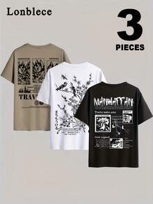 Lonblece 3 buah Kaos Lengan Pendek Bergambar untuk Pria, Gaya Kasual Jalanan dengan Grafis Gunung & Burung Retro Amerika. - MultiWarna - View 3