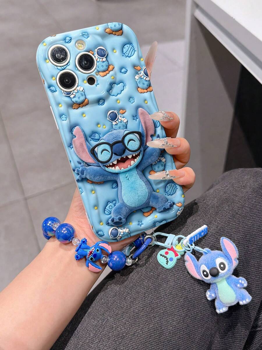 Disney Has Authorized, Phone Case - Chain Set, The Stitch Lilo & Stitch 3D Phone Case Plus A Silicone 3D Stitch Bracelet With Metallic Ring Removable Bracelet, Stitch And Angel Pattern, Compatible With Iphone17/16/15/14/13/12/11/XS/XR/X Plus Pro Max, A Stylish Cartoon Phone Case, The Perfect Gift Choice, Phone Protection, Durable Phone Cover, Great Gift For Friends And Family. - 白色 - 查看 1