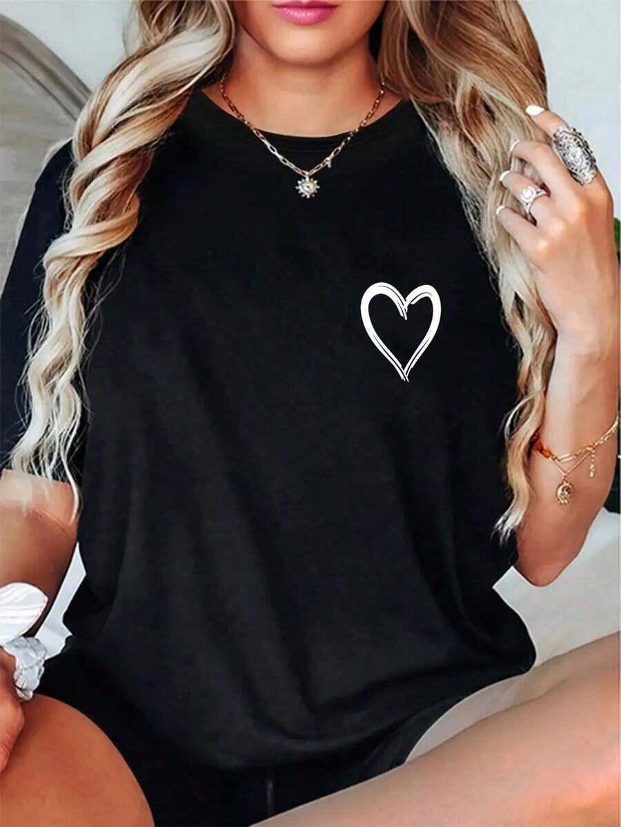 Camiseta con Gráfico de Corazón Blanco para Hombre y Mujer - Negro - Ver 1