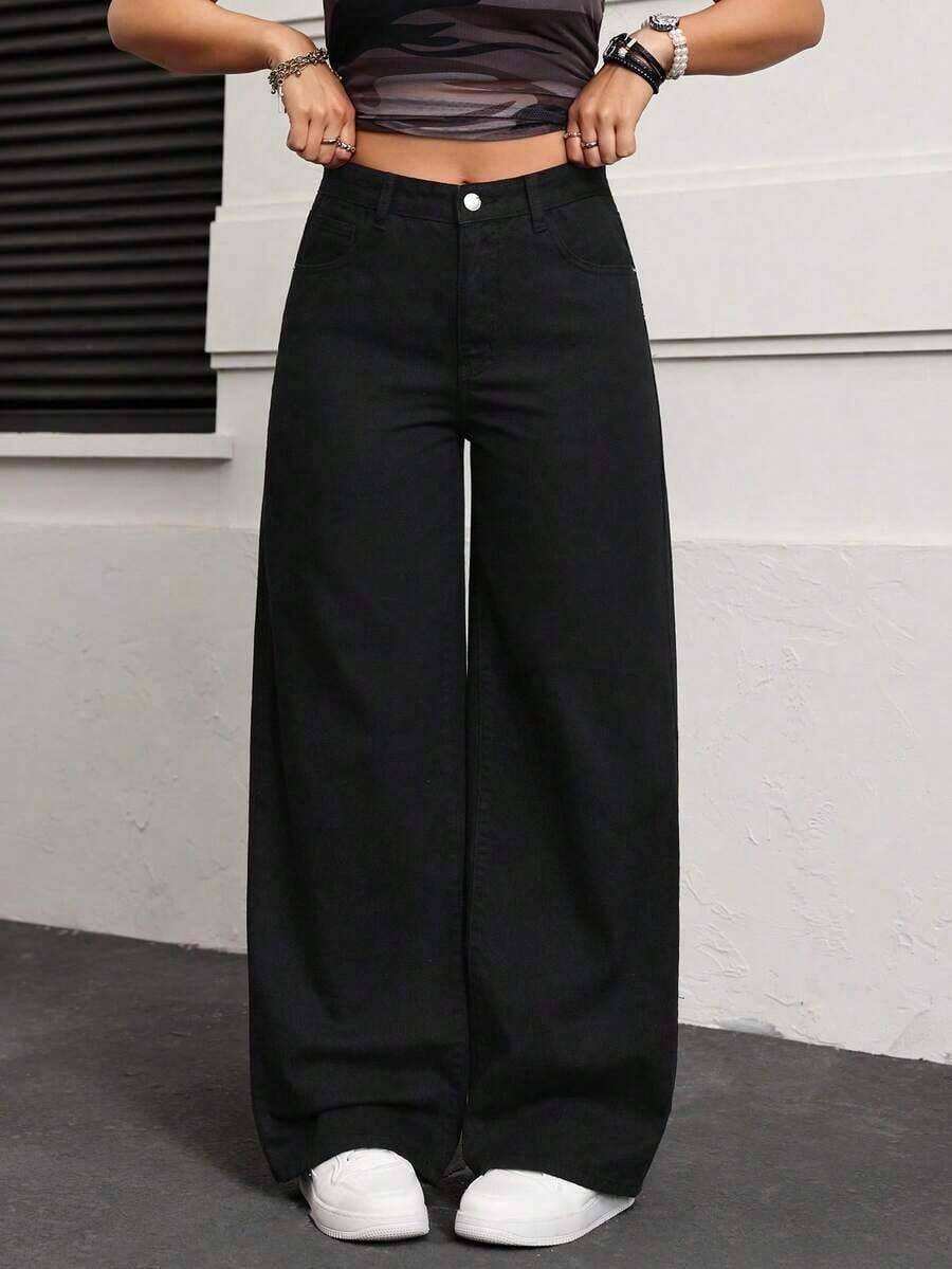 Jeans de talle alto de pierna ancha - Negro - Ver 1