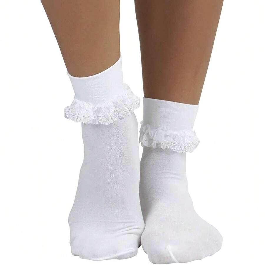 Women's Opaque Ankle High Nylon Fashion Socks W/Ruffle Lace Trim - 白色 - 查看 1