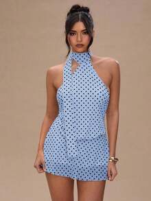 Vestido corto de verano con escote halter y espalda descubierta, con estampado de lunares sexy para mujer - Celeste 2 - Ver 7