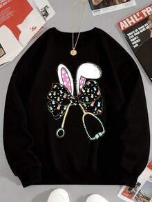 1 pieza Sudadera gris para mujer con estampado de orejas de conejo y lazo, suéter casual de manga larga para primavera y otoño, 180g 100% algodón. - Negro - Ver 4