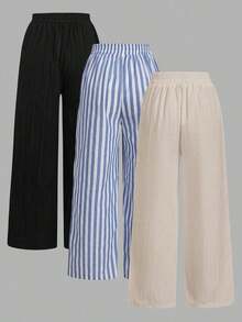 Set de 3 pantalones casuales de mujer con estilo náutico a rayas blancas y negras, con cintura ajustable y bolsillos, de pierna recta, adecuados para vacaciones de verano - Multicolor 2 - Ver 2