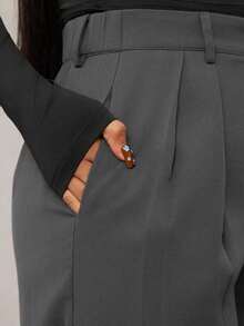 Pantalones anchos de pierna ancha de color café oscuro de moda minimalista para mujeres, pantalones de oficina de pierna ancha de color marrón para mujeres con cintura alta, pantalones de traje marrón para otoño/invierno - Gris - Ver 3