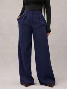 Pantalones anchos de pierna ancha de color café oscuro de moda minimalista para mujeres, pantalones de oficina de pierna ancha de color marrón para mujeres con cintura alta, pantalones de traje marrón para otoño/invierno - Azul marino - Ver 6