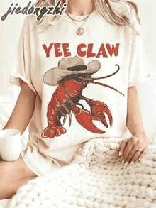 1 Piece Of Women's Cowboy Style Crayfish Print Oversized T-Shirt, Y2K Inspired Summer Clothing, Graphic Tees For Everyday Wear, Women's Western Style Holiday Outfits, 180g 100% Cotton. - 黑色 - 查看 5