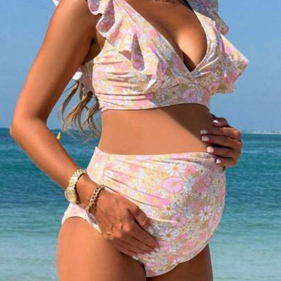 Momance Conjunto de bikini con cuello en V con volantes de cintura alta y estampado floral para embarazadas - Multicolor - Ver 1
