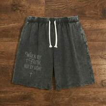 1pc Men's Retro Washed Cotton Shorts, Christian Faith Printed Pure Cotton Pants, Loose Breathable Drawstring Casual Shorts For Summer Shorts For Men Camo Shorts Sweatpants For Men - màu đen - Xem 1