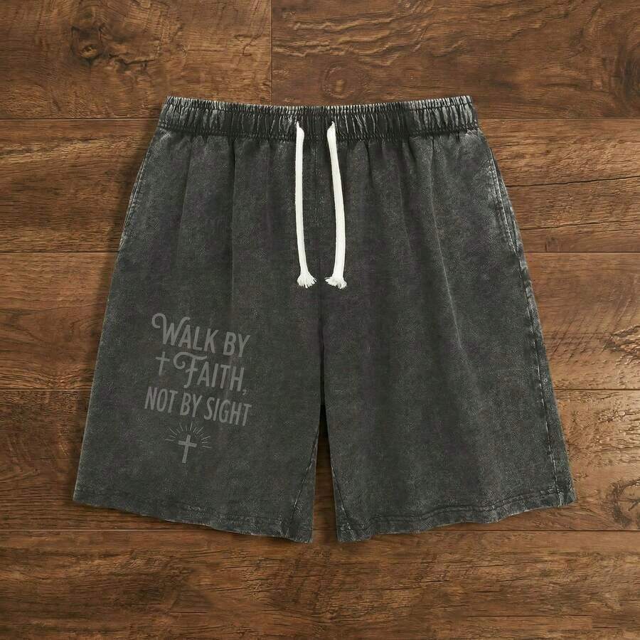 1pc Men's Retro Washed Cotton Shorts, Christian Faith Printed Pure Cotton Pants, Loose Breathable Drawstring Casual Shorts For Summer Shorts For Men Camo Shorts Sweatpants For Men - màu đen - Xem 1