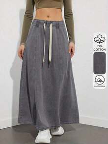 Falda vaquera negra de cintura elástica y corte holgado, falda vaquera casual de longitud media, de moda para primavera/verano - Gris - Ver 8