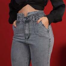 Women's Mom Jeans, High Waist, Marbled Effect. - Graphite - View 5