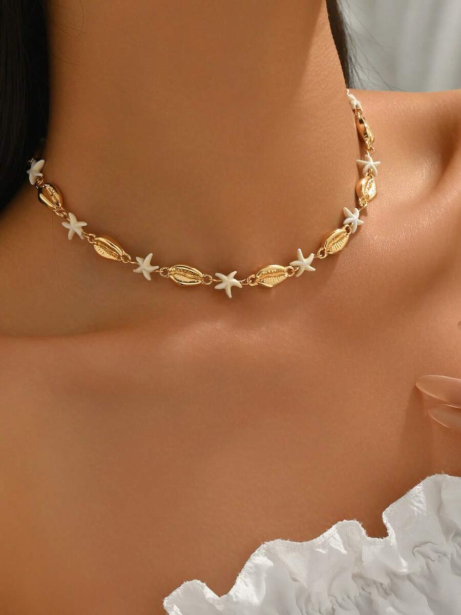 1 chiếc vòng cổ thủ công hình sao biển và vỏ sò thời trang, sáng tạo, phù hợp cho thanh thiếu niên và người trẻ tuổi, kiểu dáng mùa hè lấy cảm hứng từ đại dương. - Nhiều màu - Xem 1