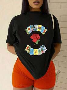 Mujer camiseta casual estampado lotería mexicana con rosa diseño cultural colorido tejido suave holgada cuello redondo manga corta primavera verano uso diario - Negro - Ver 2