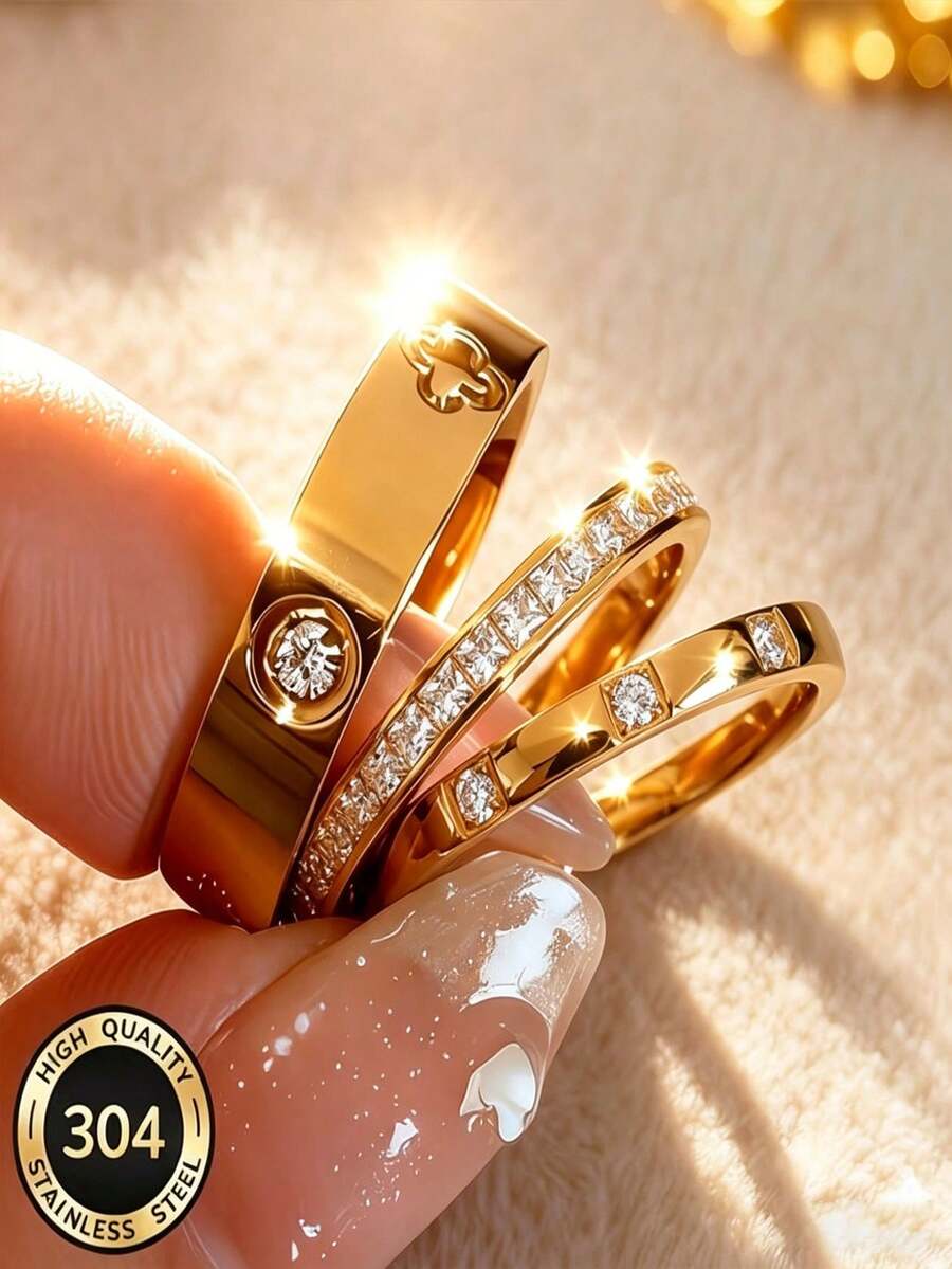 3pcs/Set 304 Stainless Steel Non-Fading Luxury Rings - Gold - View 1