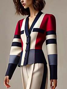 Women's Color-Blocked Button-Decorated Geometric Print Loose Top And Pants For Everyday Wear. - 花色 - 查看 5