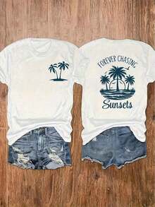 1 Piece Of California Surf Vintage Graphic T-Shirt With Retro Aesthetic, Loose And Comfortable Fit, With "Chase Sunsets Not People" Print And Palm Trees, 100% Cotton, For Men And Women, Ideal For Summer Beach Outfits, Soft. - 白色 - 查看 1