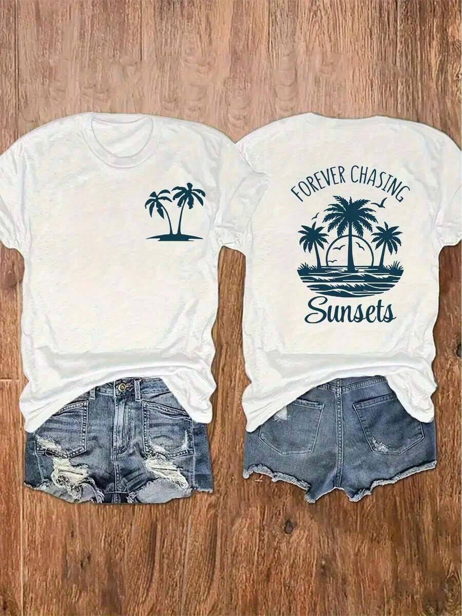 1 Piece Of California Surf Vintage Graphic T-Shirt With Retro Aesthetic, Loose And Comfortable Fit, With "Chase Sunsets Not People" Print And Palm Trees, 100% Cotton, For Men And Women, Ideal For Summer Beach Outfits, Soft. - 白色 - 查看 1