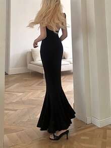 Women's Mermaid Tail Maxi Dress, Mustard Yellow Color, Wide U-Shaped Strap Design, Fitted Elastic Knit Fabric, Elegant Style, Ideal For Parties And Formal Events. - 黑色 - 查看 10
