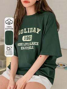 Camiseta de manga corta con estampado de letras , hombros caídos, estilo oversize de verano, 100% algodón. - verde - Ver 6