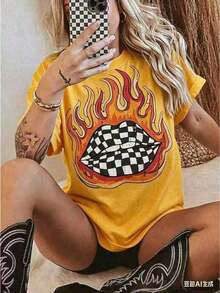 Western-Style Plaid Lip Print T-Shirt, Oversized Graphic Tee For Country Concerts, Western Wear, Retro Country T-Shirt, Funny Graphic Tees For Men And Women, Casual Crew Neck Loose Fit T-Shirts, Casual Short Sleeve T-Shirts For Men And Women 2026 - 黃色 - 查看 3