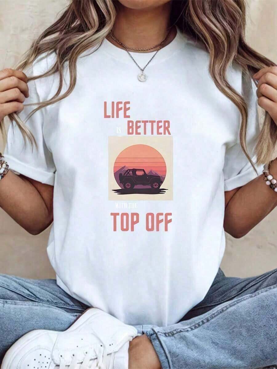 Camiseta Casual 2026 SUMMER Top para Mujer, Estampado de Jeeps, Camiseta de Algodón Oversized, Suave y Transpirable, Cuello Redondo Cómodo y Ajustado, 220g, Holgada y Cómoda, 100% Algodón, Duradera - Negro - Ver 1