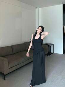 Women's Halter Neck Dress, Dark Greyish Green, Knit Design With Knot At The Waist And Decorative Ribbons, Fitted Stretch Fabric, Modern Elegant Style, Ideal For Everyday Wear. - 黑色 - 查看 5