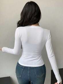 Camiseta de manga corta para mujer de ajuste ceñido, de cuello redondo y unicolor para el verano - Blanco 3 - Ver 2