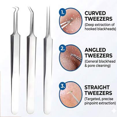 3pcs Ultra-Fine #5 Pointed Blackhead Tweezers, High-Precision Stainless Steel Pimple Extractor & Facial Cleansing Tool, Professional Blackhead & Deep Pore Cleaner For Women & Men, Suitable As Christmas Gift, Cosmetic Tool, Giveaway, Travel Essential