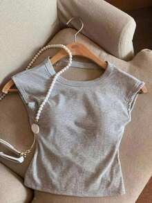 Top ajustado sin espalda de cuello redondo de unicolor para mujer - Gris - Ver 4