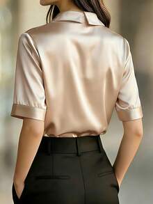Women's Asymmetric Collar Glossy Pique Knit Elegant Blouse, Suitable For Daily Wear, Commuting, Office, And Dates, Spring/Summer - Apricot - View 5