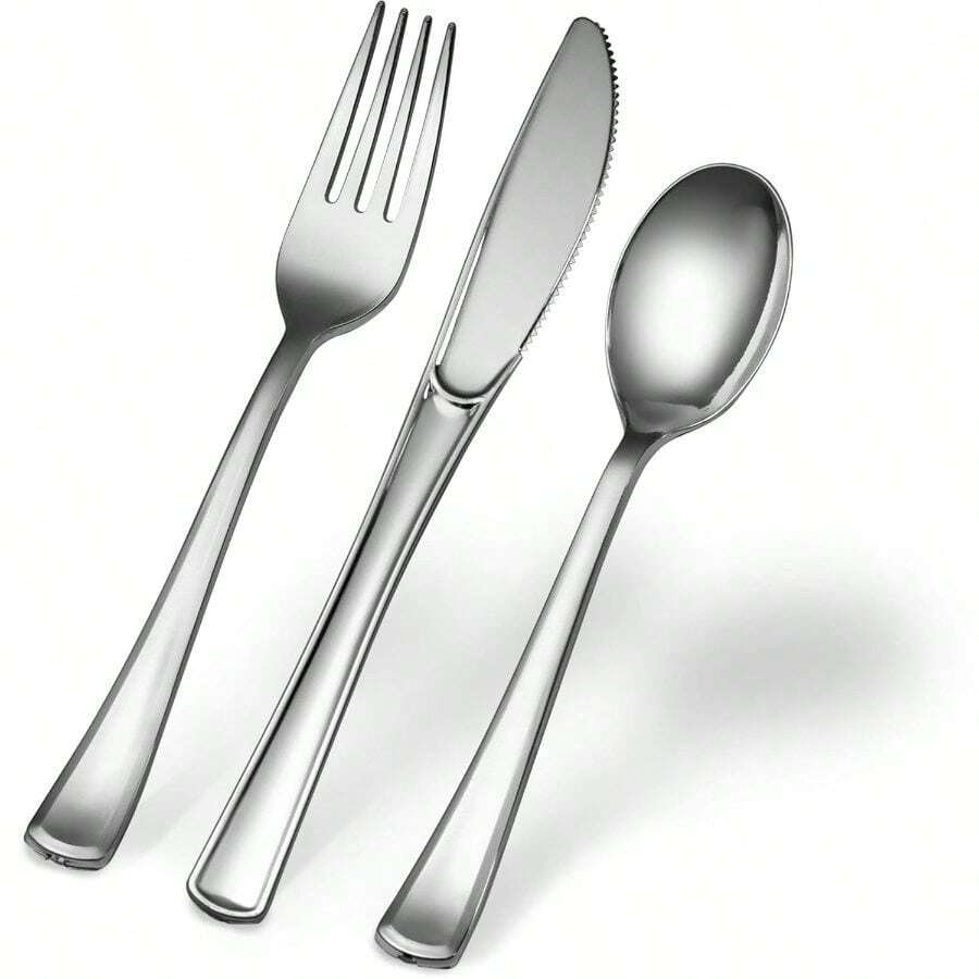 40-Pack Heavy Duty Silver-Style Disposable Plastic Knives, Elegant Faux Silver Cutlery For Catering Events Weddings Parties & Banquets, Premium Look Single-Use Serving Utensils For Food Service - 40 + Knives - View 1
