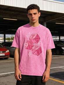 Pink Dice With Stars Graphic T-Shirt For Men Street Style Heavyweight Cotton Crew Neck Summer Top - Màu Hồng Tươi - Xem 1