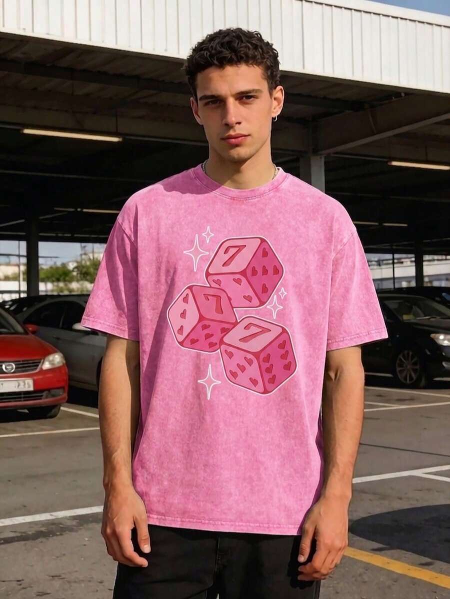 Pink Dice With Stars Graphic T-Shirt For Men Street Style Heavyweight Cotton Crew Neck Summer Top - Màu Hồng Tươi - Xem 1