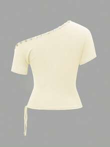 Vaiaye Women Loose Casual Round Neck One Shoulder T-Shirt, Shell Decor Slim Fit T-Shirt, Spring/Summer Cold Shoulder Top - Yellow - View 4
