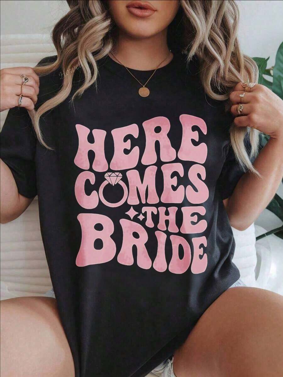 Women's Casual Short Sleeve T-Shirt - Summer Crew Neck T-Shirt "Here Comes The Bride", Machine Washable, Ladies' T-Shirts, Casual Wear, Modern Style, Comfortable Fit
-White - 黑色 - 查看 1