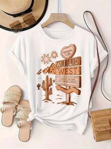 Bienvenidos al Oeste Salvaje: Camiseta Casual con Estampado de Vaqueros, Cactus y Montañas para Mujer, Adecuada para Todas las Temporadas  
 -Blanco - Blanco - Ver 2