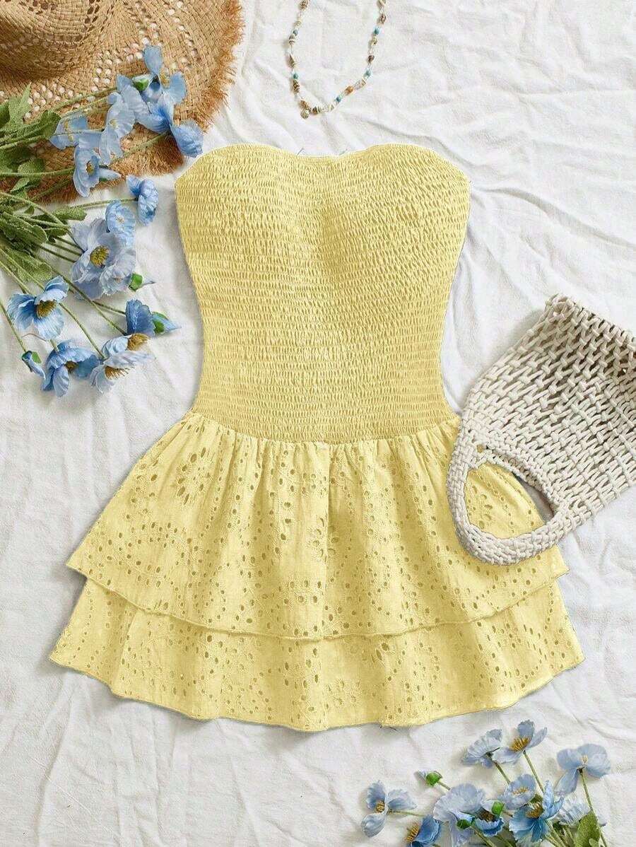 Vestido azul marino con cintura ceñida, plisado, sin tirantes, sexy, calado, con bordado y dobladillo fruncido, estilo vacaciones - Amarillo - Ver 1